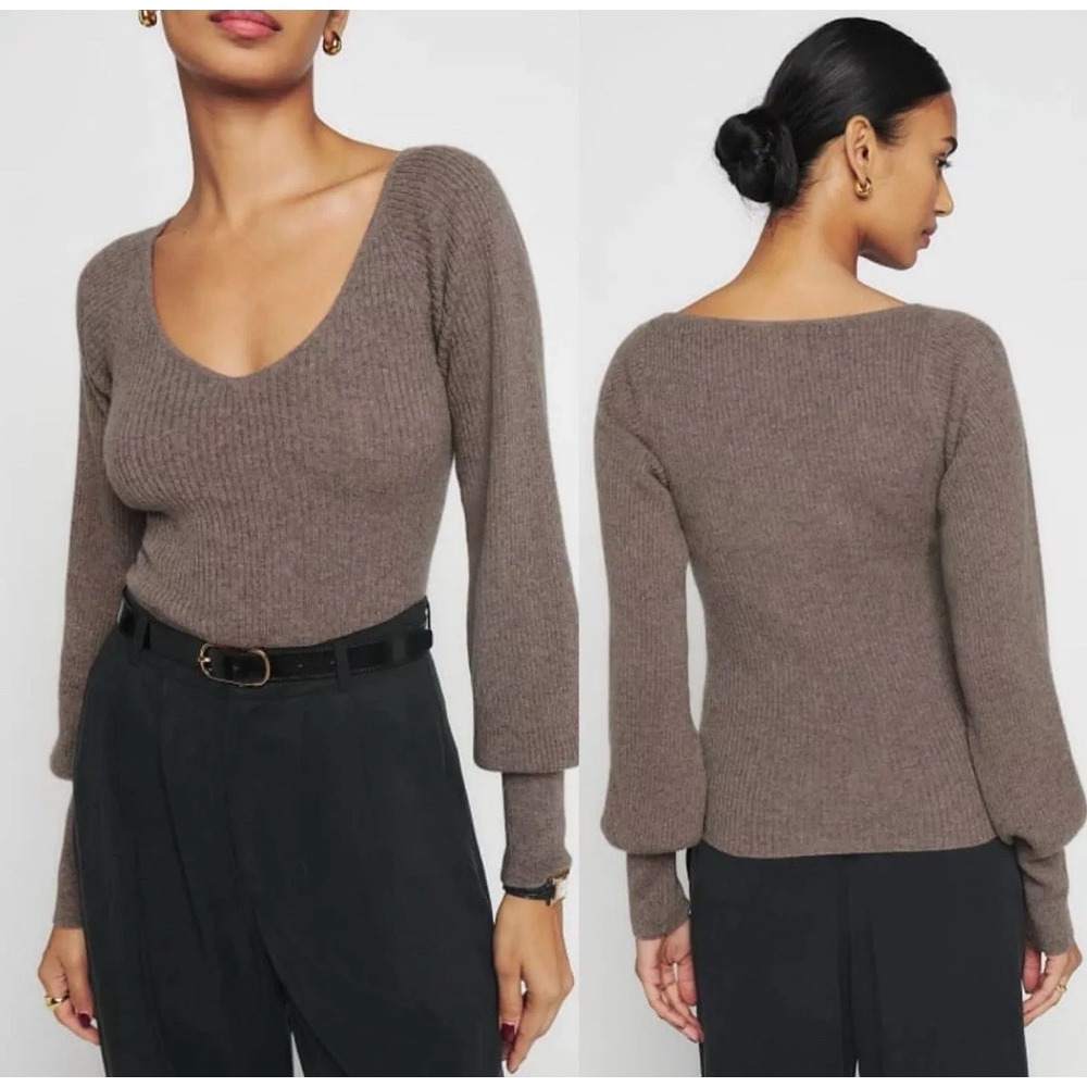 Reformation Hart Cashmere Sweater Size Small Beige  Rib Knit Balloon Sleeve